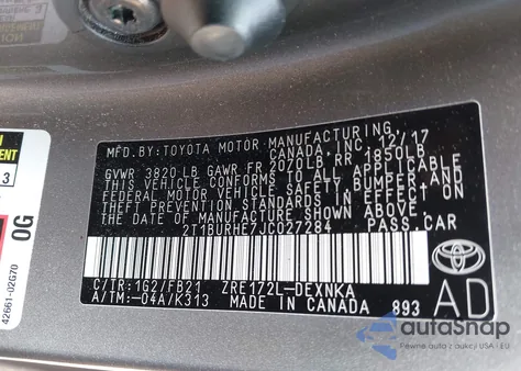 2018 Toyota Corolla Le z USA, uszkodzony, nr VIN 2T1BURHE7JC027284